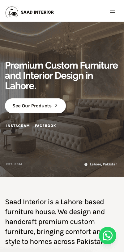 Saad Interior homepage preview showing premium custom furniture hero section