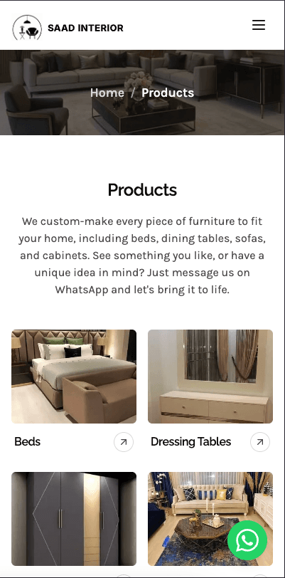 Saad Interior product catalog view showing category grid and WhatsApp contact option